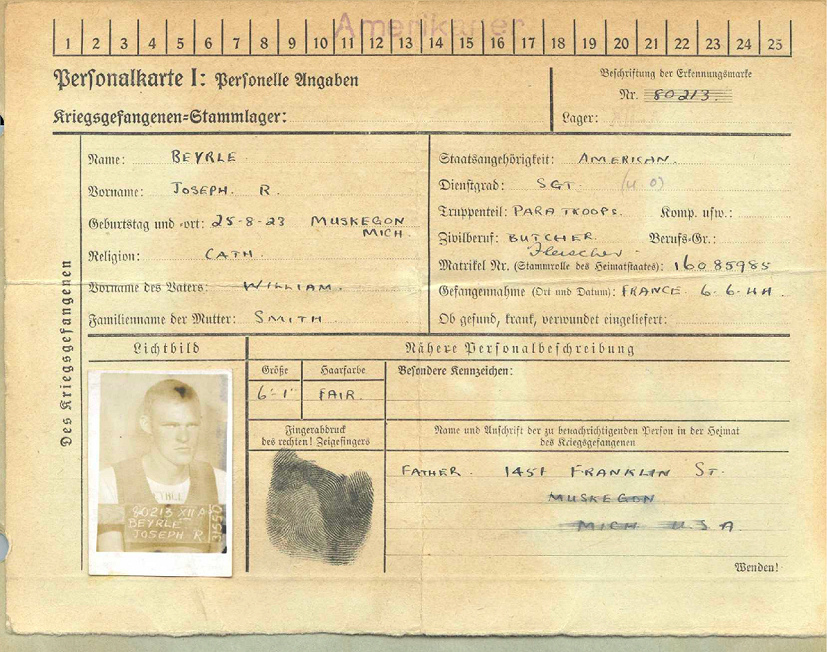 Удостоверение личности военнопленного Джозефа Р. Байерли, июль 1944
