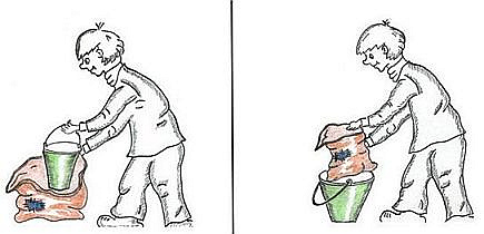 Пара рисунков к экспериментальному предложению «Мальчик кладёт ведро в мешок»